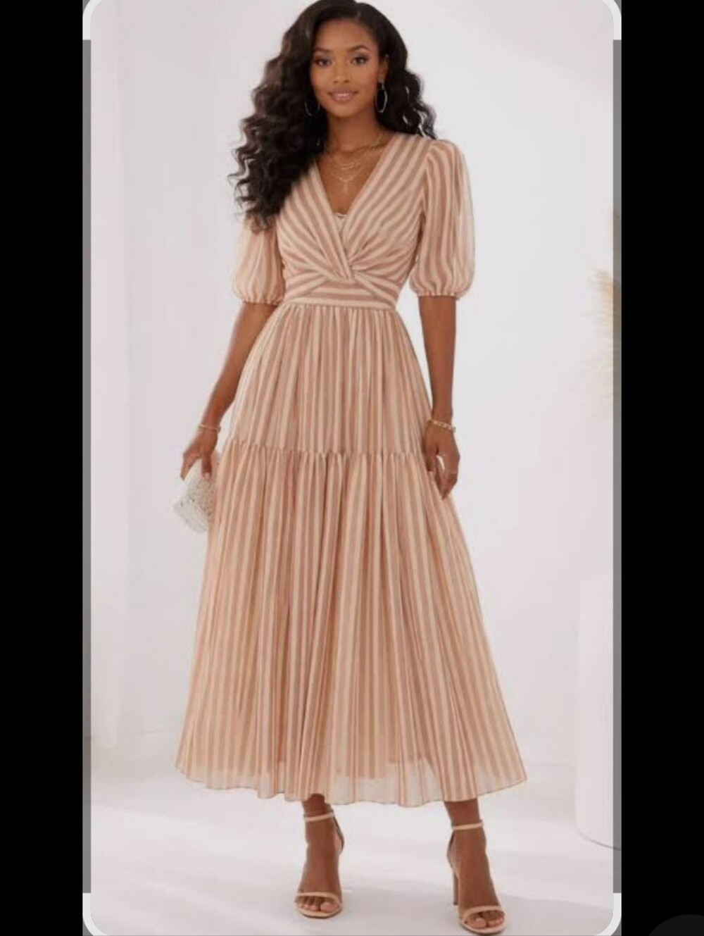 Kelly Grace Strip Puff Sleeve Vneck A-line Maxi Dress